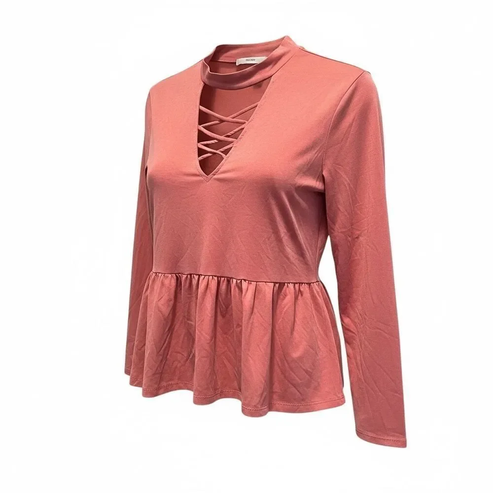EUC The Line of Style Women's Pink Long Sleeve V Neck Babydoll Top Blouse - S